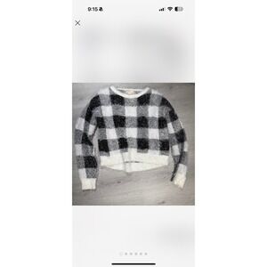 It's Our Time Sweater Womens S Black White Plaid Fuzzy Crewneck Stret